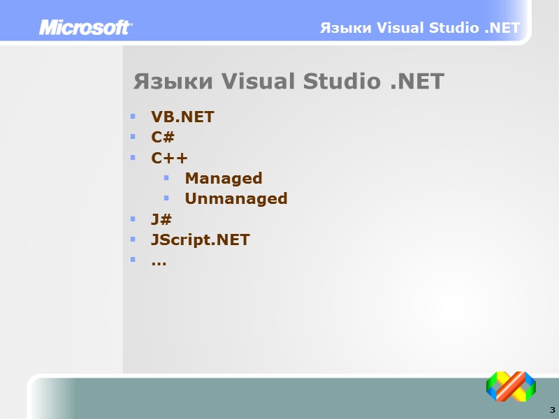 Языки Visual Studio .NET Языки Visual Studio .NET VB.NET C# C++ Managed Unmanaged J#